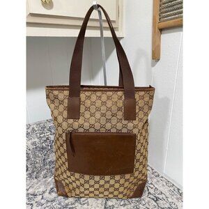 Gucci GG Supreme Monogram Canvas Leather Tote in Tan Brown